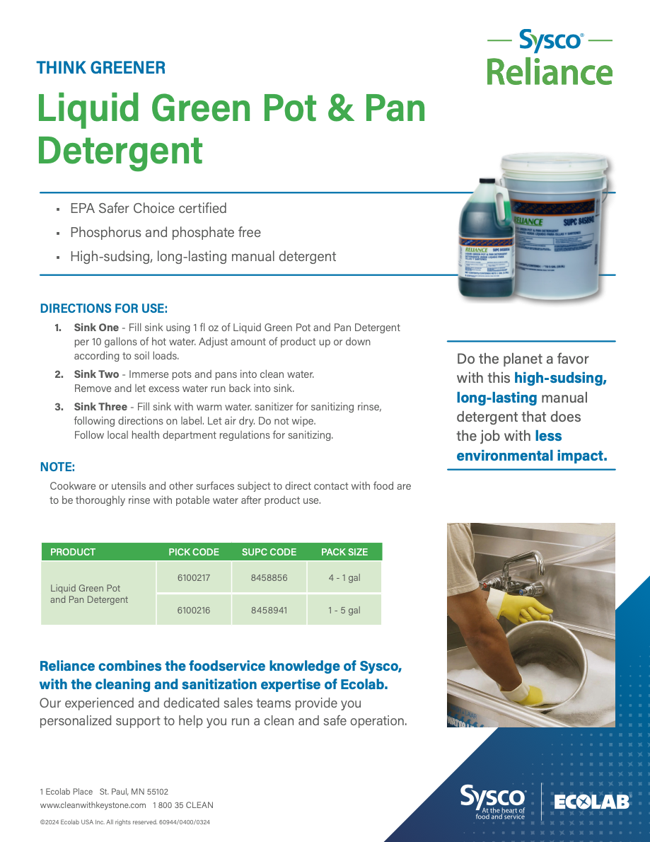 Reliance Liquid Green Pot & Pan Detergent Sell Sheet