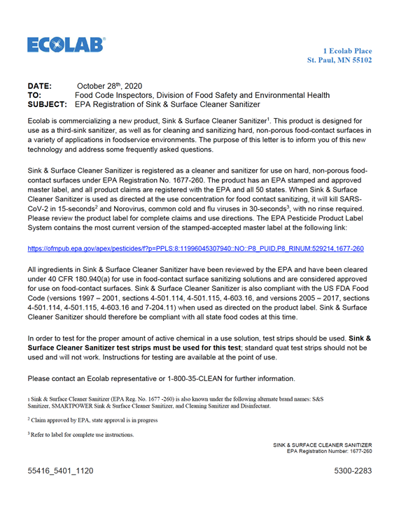 Keystone Sink and Surface Cleaner Sanitizer Health Department Memo
